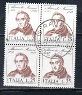 ITALIA REPUBBLICA ITALY REPUBLIC 1973 CENTENARIO MORTE DI ALESSANDRO MANZONI DEATH QUARTINA BLOCK LIRE 25 USATO USED - 1971-80: Oblitérés