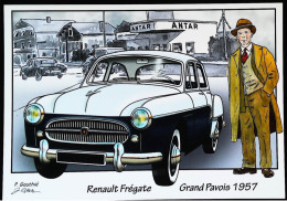 ► RENAULT FREGATE Grand Pavois 1957 - Route De France Station Service ANTAR - CPM Illustrateur - Passenger Cars