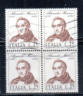 ITALIA REPUBBLICA ITALY REPUBLIC 1973 CENTENARIO MORTE DI ALESSANDRO MANZONI DEATH QUARTINA BLOCK LIRE 25 USATO USED - 1971-80: Oblitérés