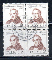 ITALIA REPUBBLICA ITALY REPUBLIC 1973 CENTENARIO MORTE DI ALESSANDRO MANZONI DEATH QUARTINA BLOCK LIRE 25 USATO USED - 1971-80: Used