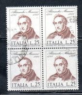 ITALIA REPUBBLICA ITALY REPUBLIC 1973 CENTENARIO MORTE DI ALESSANDRO MANZONI DEATH QUARTINA BLOCK LIRE 25 USATO USED - 1971-80: Oblitérés