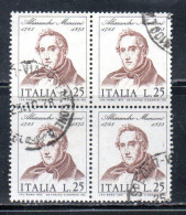 ITALIA REPUBBLICA ITALY REPUBLIC 1973 CENTENARIO MORTE DI ALESSANDRO MANZONI DEATH QUARTINA BLOCK LIRE 25 USATO USED - 1971-80: Gebraucht