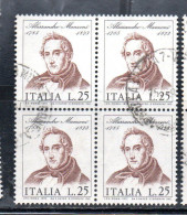 ITALIA REPUBBLICA ITALY REPUBLIC 1973 CENTENARIO MORTE DI ALESSANDRO MANZONI DEATH QUARTINA BLOCK LIRE 25 USATO USED - 1971-80: Oblitérés