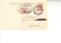 ITALIA 1923 - Intero Postale  Da  Sulmona Ad Aquila - Stamped Stationery