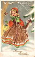 P0 - Carte Postale Illustrateur - Petite Fille - Faon - Bonne Année - Nouvel An