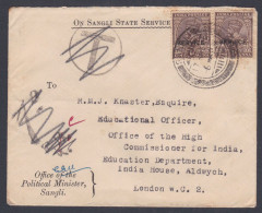 Inde British India Sangli Princely State 1938 Used Service Cover, King George V, To England, Postage Due, T Postmark - Otros & Sin Clasificación