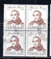 ITALIA REPUBBLICA ITALY REPUBLIC 1973 CENTENARIO MORTE DI ALESSANDRO MANZONI DEATH QUARTINA BLOCK LIRE 25 USATO USED - 1971-80: Oblitérés