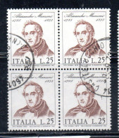 ITALIA REPUBBLICA ITALY REPUBLIC 1973 CENTENARIO MORTE DI ALESSANDRO MANZONI DEATH QUARTINA BLOCK LIRE 25 USATO USED - 1971-80: Used