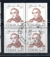 ITALIA REPUBBLICA ITALY REPUBLIC 1973 CENTENARIO MORTE DI ALESSANDRO MANZONI DEATH QUARTINA BLOCK LIRE 25 USATO USED - 1971-80: Oblitérés