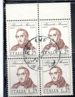 ITALIA REPUBBLICA ITALY REPUBLIC 1973 CENTENARIO MORTE DI ALESSANDRO MANZONI DEATH QUARTINA BLOCK LIRE 25 USATO USED - 1971-80: Used