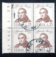 ITALIA REPUBBLICA ITALY REPUBLIC 1973 CENTENARIO MORTE DI ALESSANDRO MANZONI DEATH QUARTINA BLOCK LIRE 25 USATO USED - 1971-80: Gebraucht