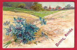 AD655 FANTAISIES FLEURS BLEUETS BLES PAYSAGE MOISSON EN 1906 CARTE GAUFREE - Flores