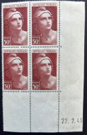 France N° 732 XX Marianne De Gandon 50 F. Brun-rouge En Bloc De 4 Coin Daté Du 22 . 2 . 45, Sans Charnière. - 1940-1949