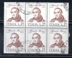 ITALIA REPUBBLICA ITALY REPUBLIC 1973 CENTENARIO MORTE DI ALESSANDRO MANZONI DEATH BLOCCO BLOCK LIRE 25 USATO USED - 1971-80: Afgestempeld