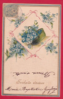 AE590 FANTAISIES FLEURS PETIT PANIER DE MYOSOTIS CARTE GAUFREE SOUHAITS SINCERES 1905 REF:AD590 - Flowers