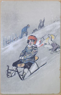 FANTAISIE CPA CARTE POSTALE ANCIENNE ENFANTS SUR LUGE NEIGE HIVER - 1900-1949