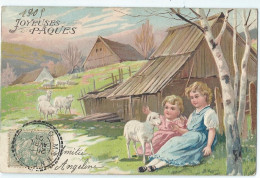 Fantaisies Joyeuses Paques Les Enfants Au Mouton Carte Gauffrée - Pasen