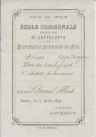 SECLIN   Ecole Communale  1891 - Diplômes & Bulletins Scolaires