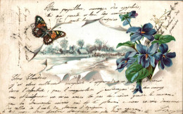 P0 - Carte Postale Fantaisie - Paysage - Fleurs Bleues - Papillon - Fleurs