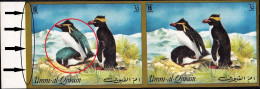 BIRDS-PENGUINS-IMPERF PAIR- DRY PRINTING- VARIETY-  SOUTHERN ROCKHOPPER & MACARONI PENGUINS-UMM AL QIWAIN-1992-MNH-B9-39 - Pinguïns & Vetganzen