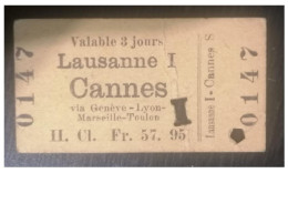 Ticket  Chemins De Fer Suisses Lausanne à Cannes - Sonstige & Ohne Zuordnung