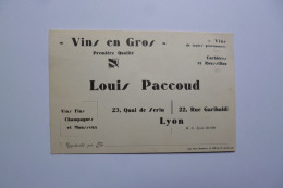 Carte Visite  -  VINS EN GROS  -  Louis PACCOUD  -  Lyon  -  Champagne  -  Mousseux  -  Corbières - Vines