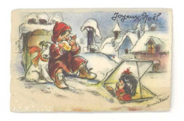 Petite Carte Signée Germaine Bouret, Joyeux Noël, Enfants & Neige (écrite Au Verso) - Unclassified