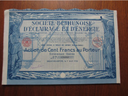 FRANCE - 62 - PAS DE CALAIS - BRUAY EN ARTOIS 1936 - BETHUNOISE D'ECLAIRAGE & D'ENERGIE - ACTION DE 100 FRS  - DECO - Other & Unclassified