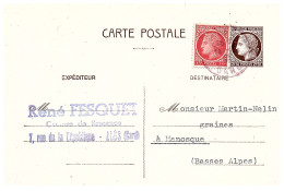 1947  ENTIER Mazelin 2,5f + Mazelin 1,00f Rouge Envoi De René FESQUET  ALES 30 - Cartes Postales Repiquages (avant 1995)