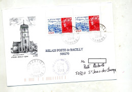 Lettre Cachet Sartilly Sue Fete Du Timbre  Poste Restante Relais Poste Bacilly Illustré  Eglise - Cachets Manuels