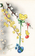 PAQUES _S29207_ Carte Peinte à La Main - Joyeuses Pâques - Poussins Sur Une Branche Et Un Oeuf - Fleurs - Pasen