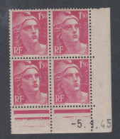 France N° 712 XX  Marianne Gandon 1 F. 50 Rouge Carmin En Bloc De 4 Coin Daté Du 5 . 1 . 45, 1 Point Blanc Ss Cha., TB - 1940-1949