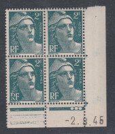 France N° 713 XX  Marianne Gandon 2 F. Vert Carmin En Bloc De 4 Coin Daté Du 2 . 8 . 45, 3 Points Blancs Ss Cha., TB - 1940-1949