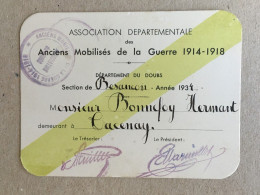 France - Association Departementale Anciens Mobilises De La Guerre 1914 - 1918 Besancon Chacenay Membership Card - Cartes De Membre