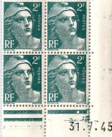 FRANCE : GANDON N° 713 BLOC DE 4 COIN DATE 31/7/45 NEUF ** - Unused Stamps