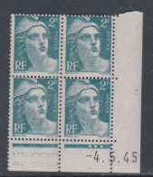 France N° 713 XX  Marianne Gandon 2 F. Vert Carmin En Bloc De 4 Coin Daté Du 4 . 5 . 45, 3 Points Blancs Ss Cha., TB - 1940-1949