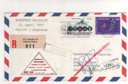 2 Timbres Nations Unies  "   " Sur Lettre Recommandée , Registered Cover , Mail 31/3/83 Vol Zürich Khartoum - Briefe U. Dokumente