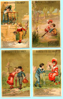 Lot De 4 Chromos Biscuits Olibet. Contes De Fées Interprétés Par Des Enfants. Fond Doré. Imp. Laas. - Autres & Non Classés