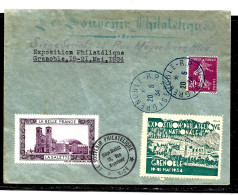 Souv Philat  GRENOBLE  1934 En Bleu  20c Semeuse Cachet  NICE  Vignettes  La Salette / Expo  Grenoble Mai 1934 - Cachets Commémoratifs