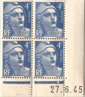 FRANCE : GANDON N° 717  BLOC DE 4 COIN DATE 27/6/45 NEUF ** - Unused Stamps