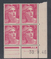 France N° 716 XX  Marianne Gandon 3 F. Rose En Bloc De 4 Coin Daté Du 30 . 9 . 46, 3 Points Blancs Ss Cha., TB - 1940-1949