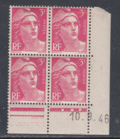 France N° 716 X  Marianne Gandon 3 F. Rose En Bloc De 4 Coin Daté Du 10 . 9 . 46, 3 Points Blancs Trace Cha., TB - 1940-1949