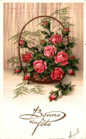 P0 - Carte Postale Fantaisie - Panier De Roses - Bonne Fête - Fleurs