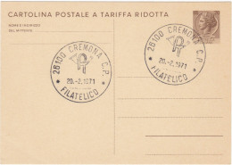 ITALIA - REPUBBLICA - INTERO POSTALE - L. 20 CON ANNULLO DI CREMONA - CARTOLINA POSTALE A TARIFFA RIDOTTA - 1971 - Postwaardestukken