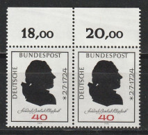 Bund Michel 809 Friedrich Gottlieb Klopstock ** Paar Mit Oberrand - Unused Stamps