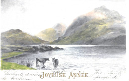 Carte Postale Ancienée Fantaisie - JOYEUSE ANNÉE - Paysage De Montagne Et Lac Avec Des Vaches - Sonstige & Ohne Zuordnung