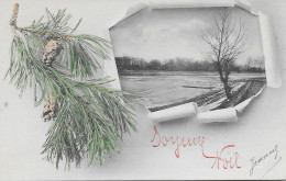 Carte Postale Ancienée 1908 Fantaisie - JOYEUSE NOEL  -Paysage D'une Rivière Et D'une Branche De Pin.. - Otros & Sin Clasificación