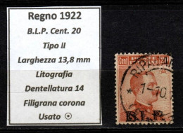 1922: BLP Cent. 20 Usato II° Tipo Lettere Basse Dentellatura 14 - Oblitérés