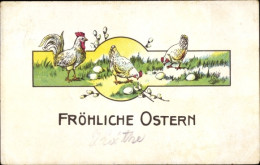 CPA Glückwunsch Ostern, Hühner, Ostereier, Weidenkätzchen - Pâques