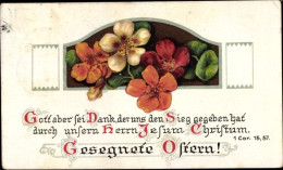 CPA Glückwunsch Ostern, 1 Cor. 15 57, Gott Aber Sei Dank, Blumen - Pâques